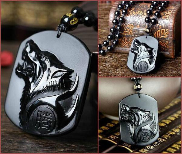 Fashion - Black Obsidian Wolf Necklace