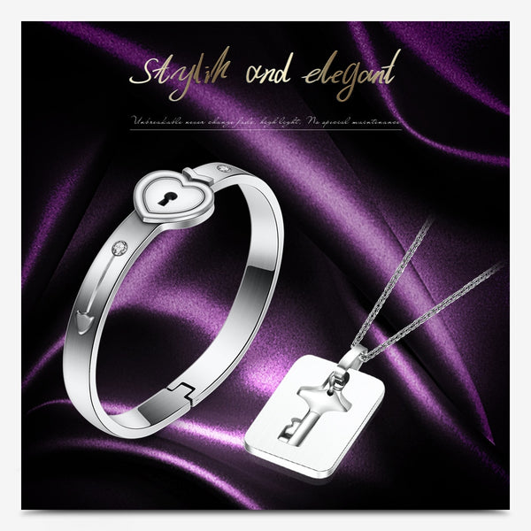 Fashion A Couple Jewelry Sets For Lovers Stainless Steel Love Heart Lock Bracelets Bangles Key Pendant Necklace Couples Set