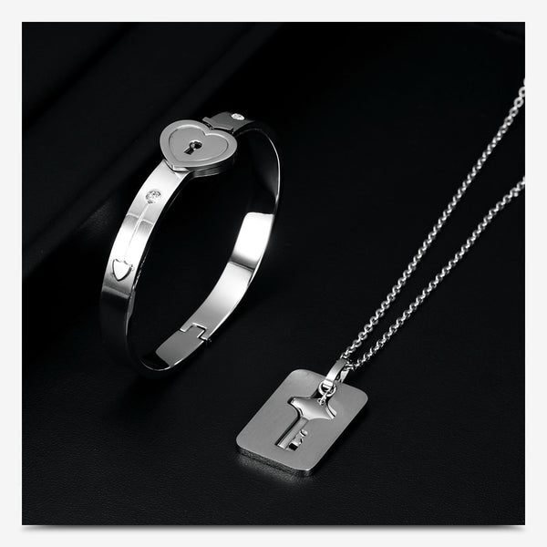 Fashion A Couple Jewelry Sets For Lovers Stainless Steel Love Heart Lock Bracelets Bangles Key Pendant Necklace Couples Set