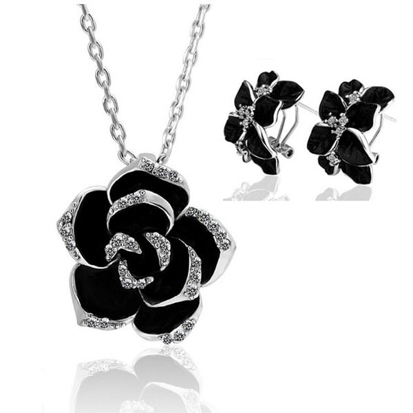 Fashion Rose Flower Enamel Jewelry Set Gold Color Black Painting Bridal Jewelry Sets for women 82606
