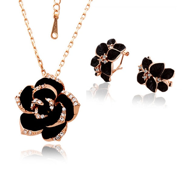 Fashion Rose Flower Enamel Jewelry Set Gold Color Black Painting Bridal Jewelry Sets for women 82606