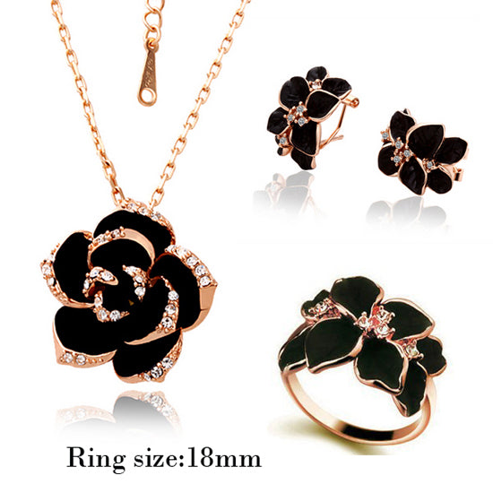 Fashion Rose Flower Enamel Jewelry Set Gold Color Black Painting Bridal Jewelry Sets for women 82606