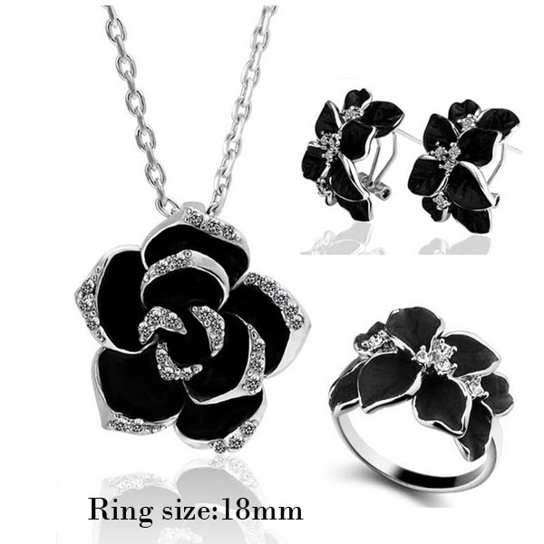 Fashion Rose Flower Enamel Jewelry Set Gold Color Black Painting Bridal Jewelry Sets for women 82606