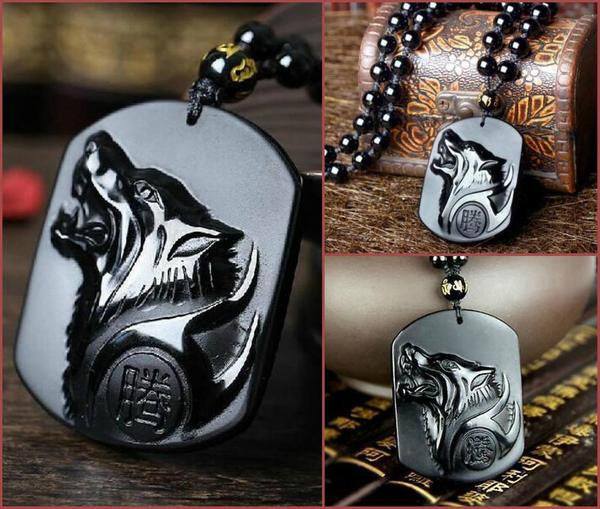 Fashion - Black Obsidian Wolf Necklace