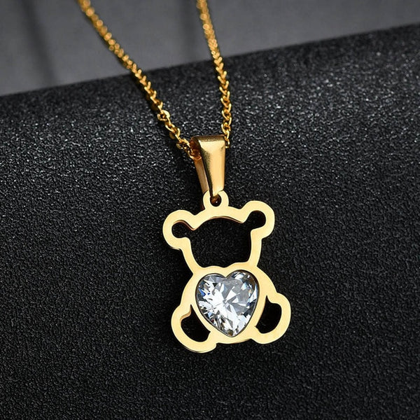 Charm Hollow Cubic Zircon Bear Chain Necklaces For Women Gold Color Animal Necklace Jewelry Gift