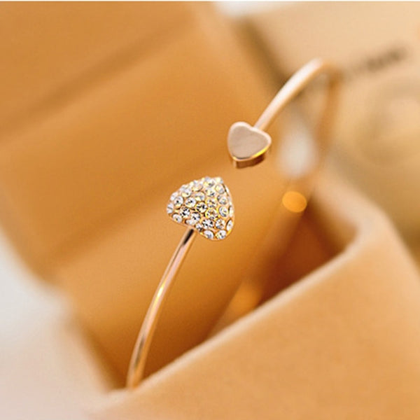 Hot New Fashion Adjustable Crystal Double Heart Bow Bilezik Cuff Opening Bracelet For Women Jewelry Gift