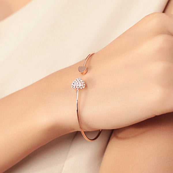 Hot New Fashion Adjustable Crystal Double Heart Bow Bilezik Cuff Opening Bracelet For Women Jewelry Gift