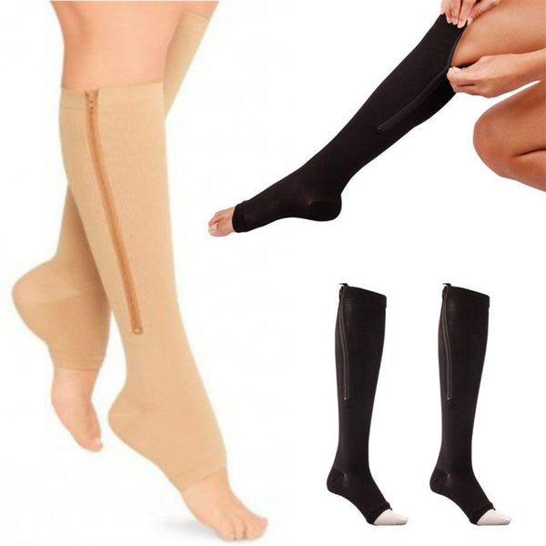 New Women Zipper Compression Socks Zip Leg Support Knee Sox Open Toe Sock S/M/XL Y1