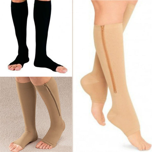 New Women Zipper Compression Socks Zip Leg Support Knee Sox Open Toe Sock S/M/XL Y1