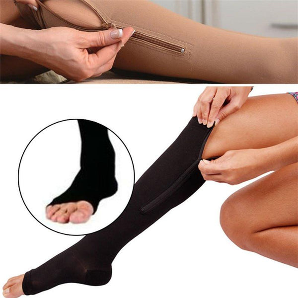 New Women Zipper Compression Socks Zip Leg Support Knee Sox Open Toe Sock S/M/XL Y1