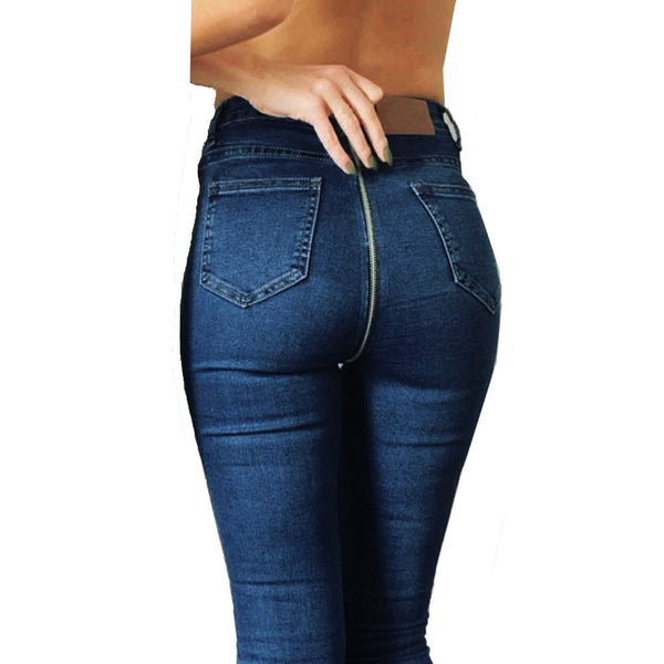 Women Back Zipper Pencil Stretch Denim Skinny Jeans Pants High Waist Trousers