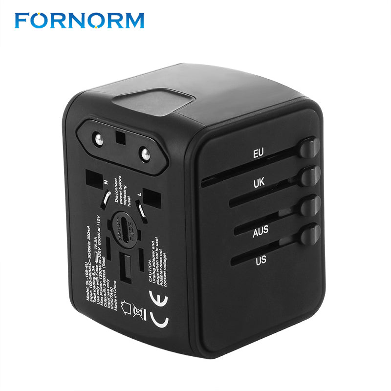 FORNORM Universal Travel Charger Adapter 4 USB Part Adaptor Worldwide Electrical Socket US UK EU AU International Travel Plug