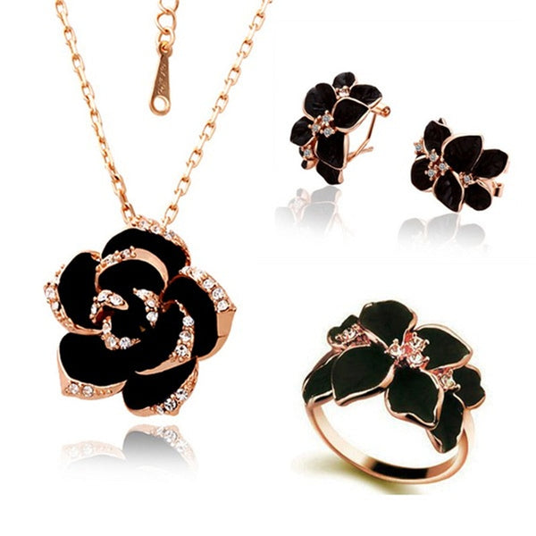 Fashion Rose Flower Enamel Jewelry Set Gold Color Black Painting Bridal Jewelry Sets for women 82606