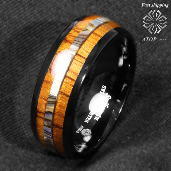8mm Black Tungsten carbide ring Koa Wood Abalone ATOP Wedding Band Men's Jewelry